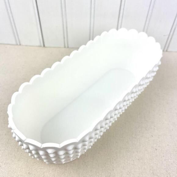 White Hobnail Bowl, Oblong Bowl, Decorative Bowl with Scalloped Edge - Picture 4 of 10